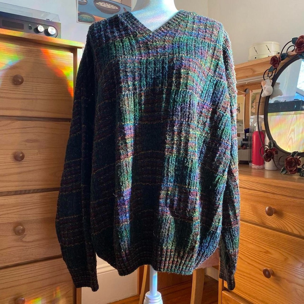 Multicolor Checkered Square Print Dark Green V-Neck Vintage Men's Sweater